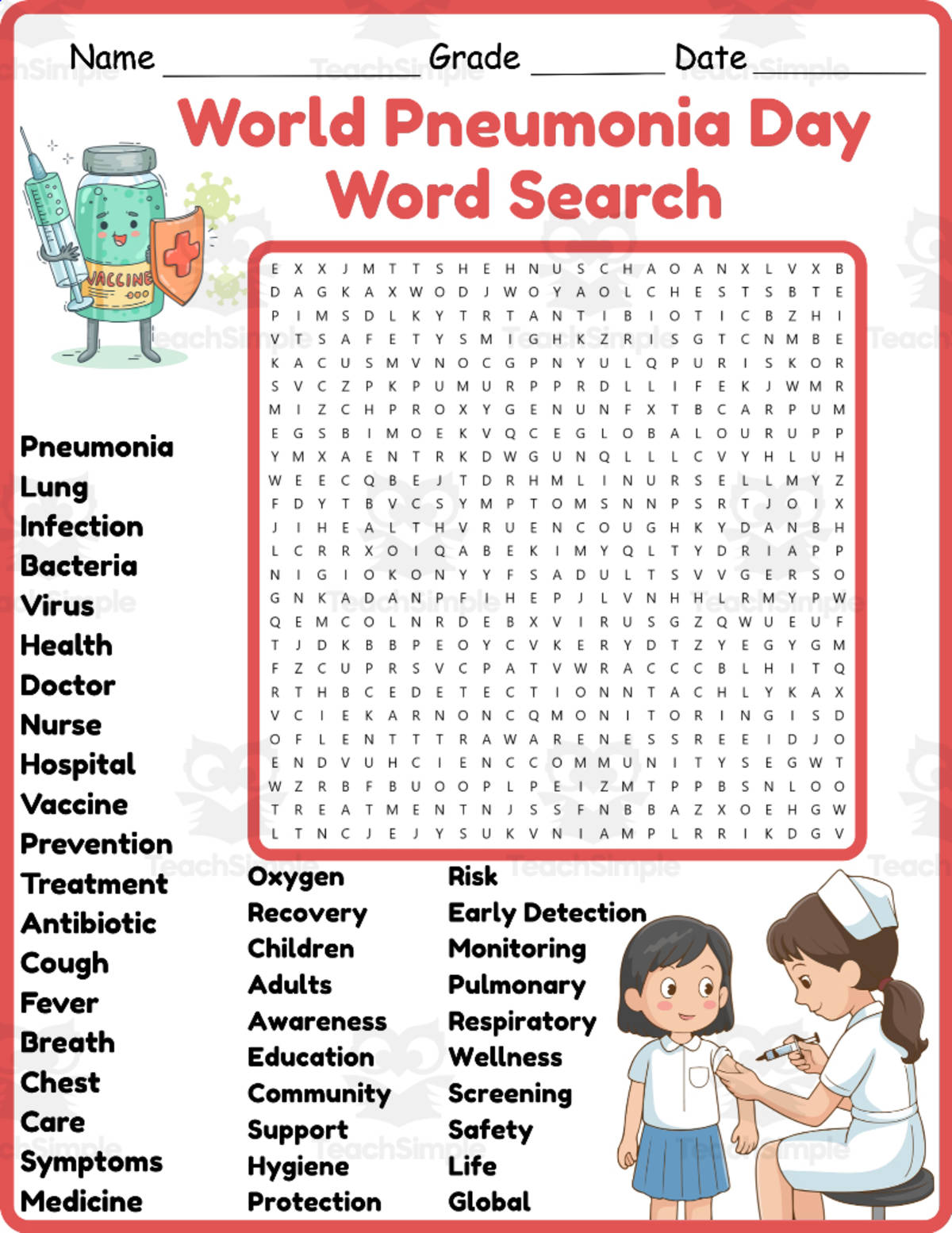 An educational teaching resource from Classsimple entitled World Pneumonia Day Word Search 2nd 3rd 4th 5th Grade Worksheet downloadable at Teach Simple.