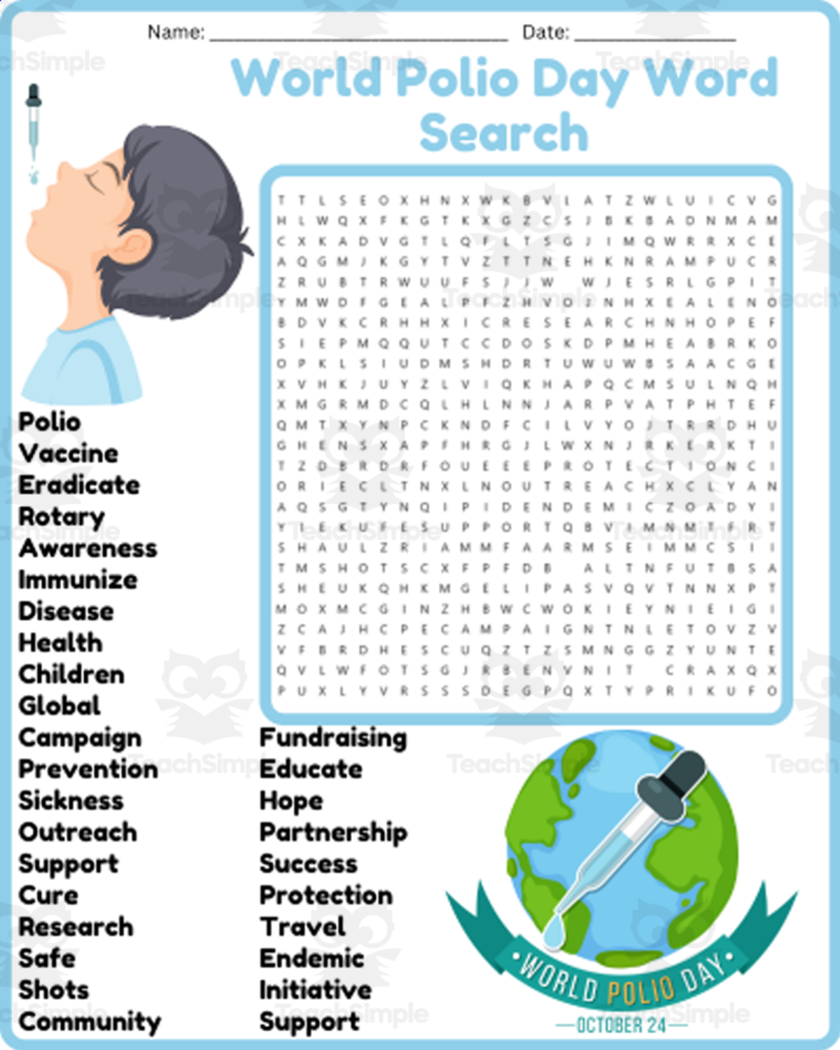 An educational teaching resource from space shope entitled World Polio Day Word Search Puzzle Worksheet Activities (1st, 2nd, 3rd downloadable at Teach Simple.