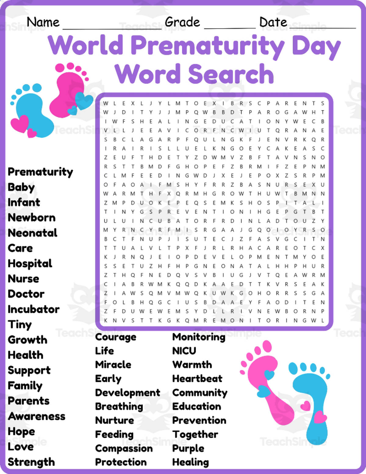 An educational teaching resource from Classsimple entitled World Prematurity Day Word Search 2rd 3th 4th 5th Grade worksheet downloadable at Teach Simple.