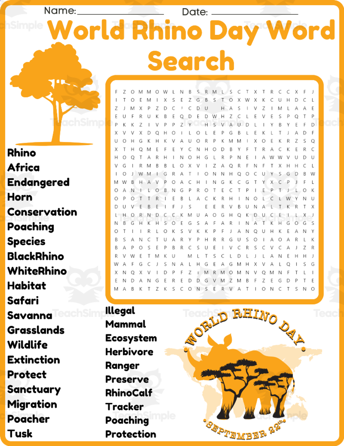 An educational teaching resource from space shope entitled World Rhino Day Word Search Puzzle Worksheet Activity (3rd, 4th & 6th downloadable at Teach Simple.