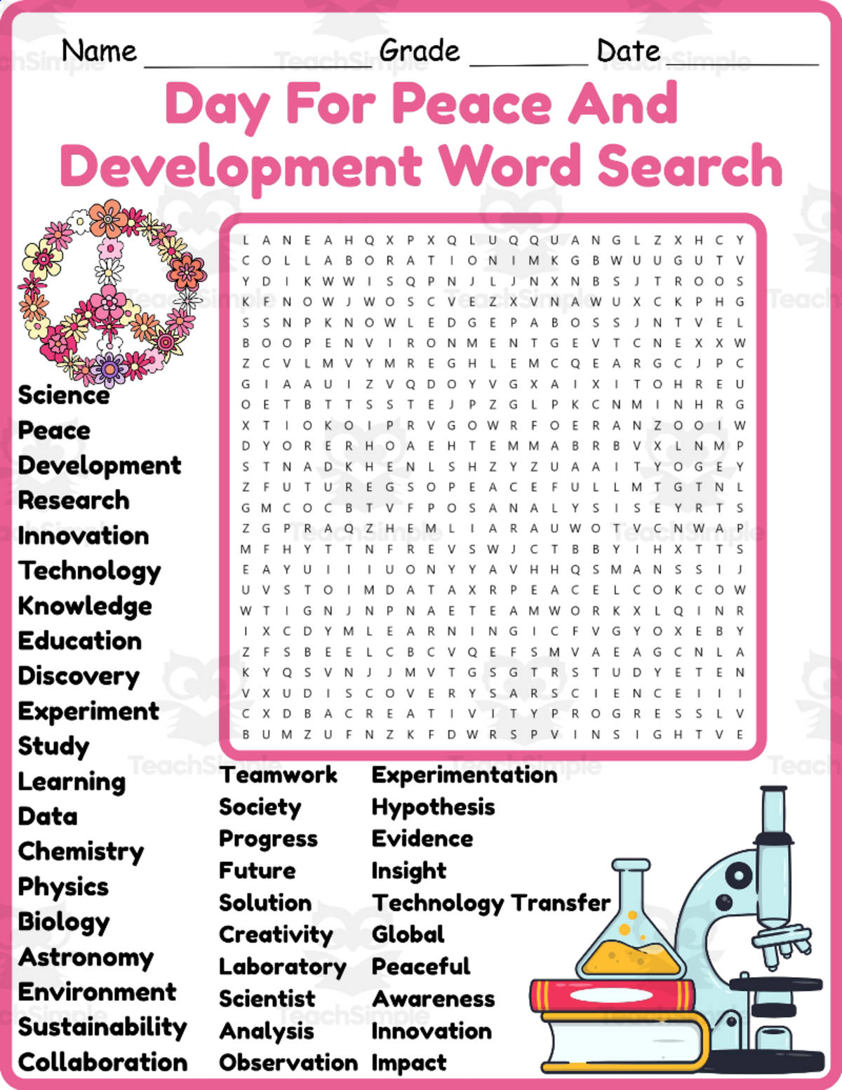 An educational teaching resource from Classsimple entitled World Science Day for Peace and Development Word Search 2nd 3rd 4th downloadable at Teach Simple.