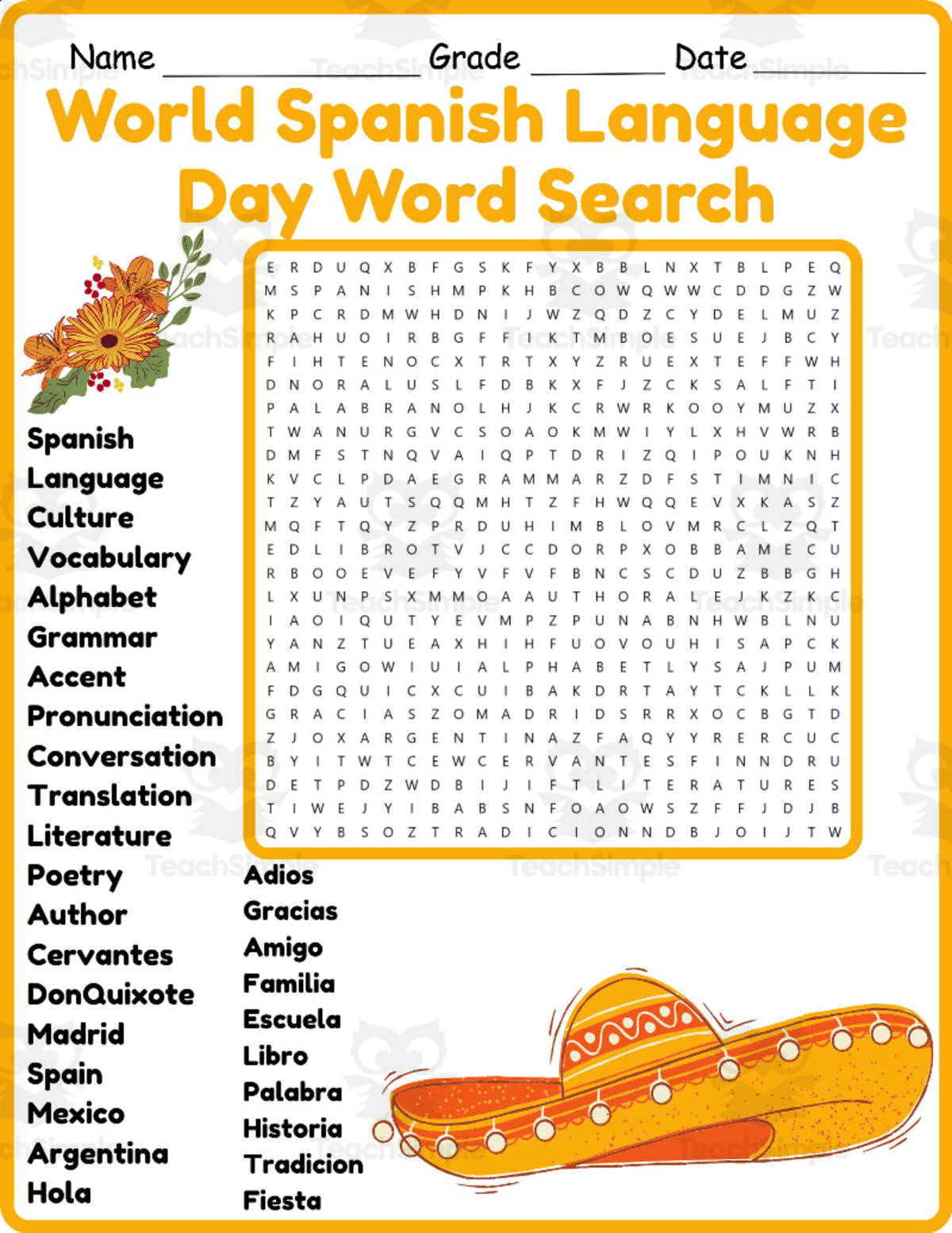 An educational teaching resource from Classsimple entitled World Spanish Language Day Word Search 2nd 3rd 4th 5th Grade Worksheet downloadable at Teach Simple.
