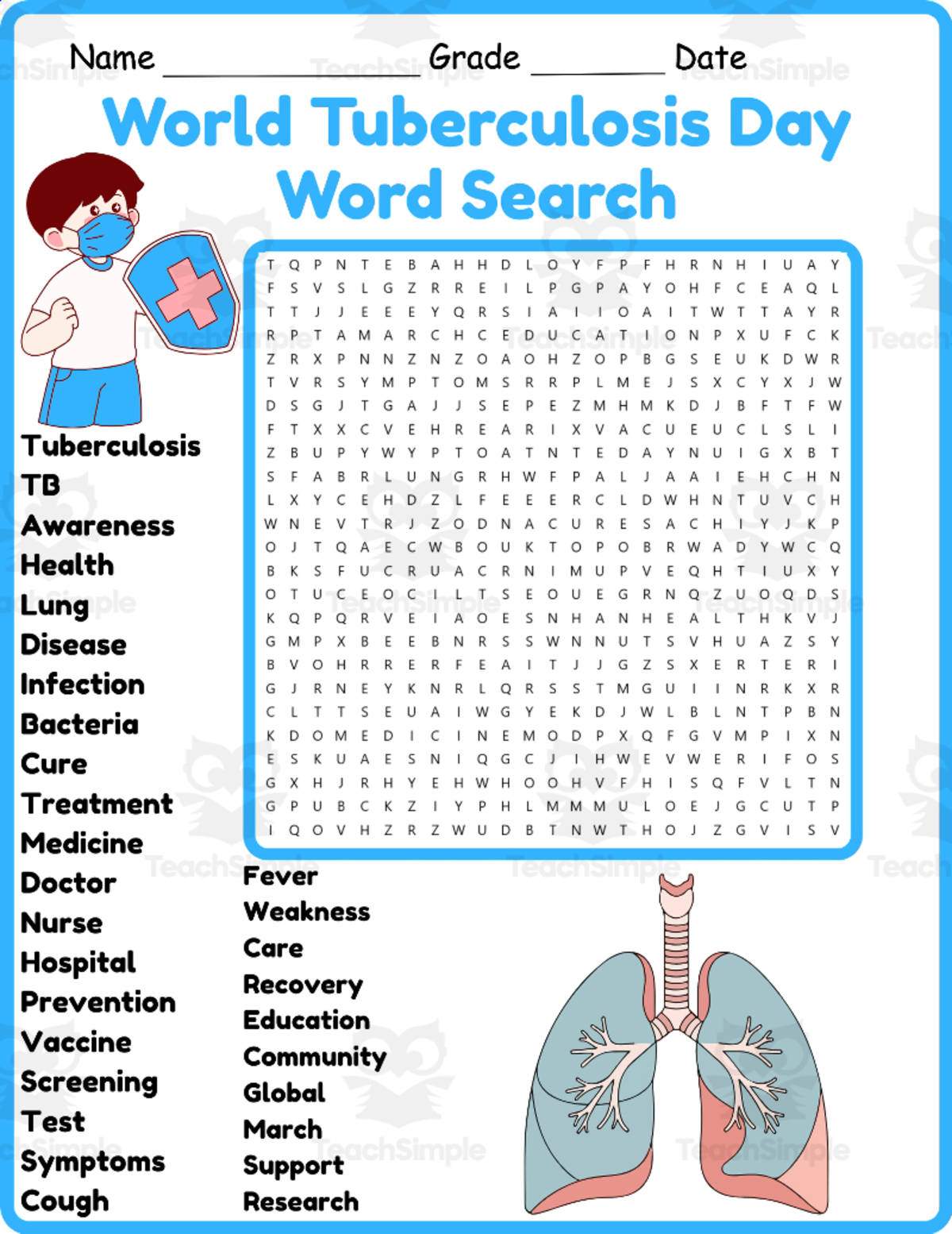 An educational teaching resource from Classsimple entitled World Tuberculosis Day Word Search 2nd 3rd 4th 5th Grade Worksheet downloadable at Teach Simple.