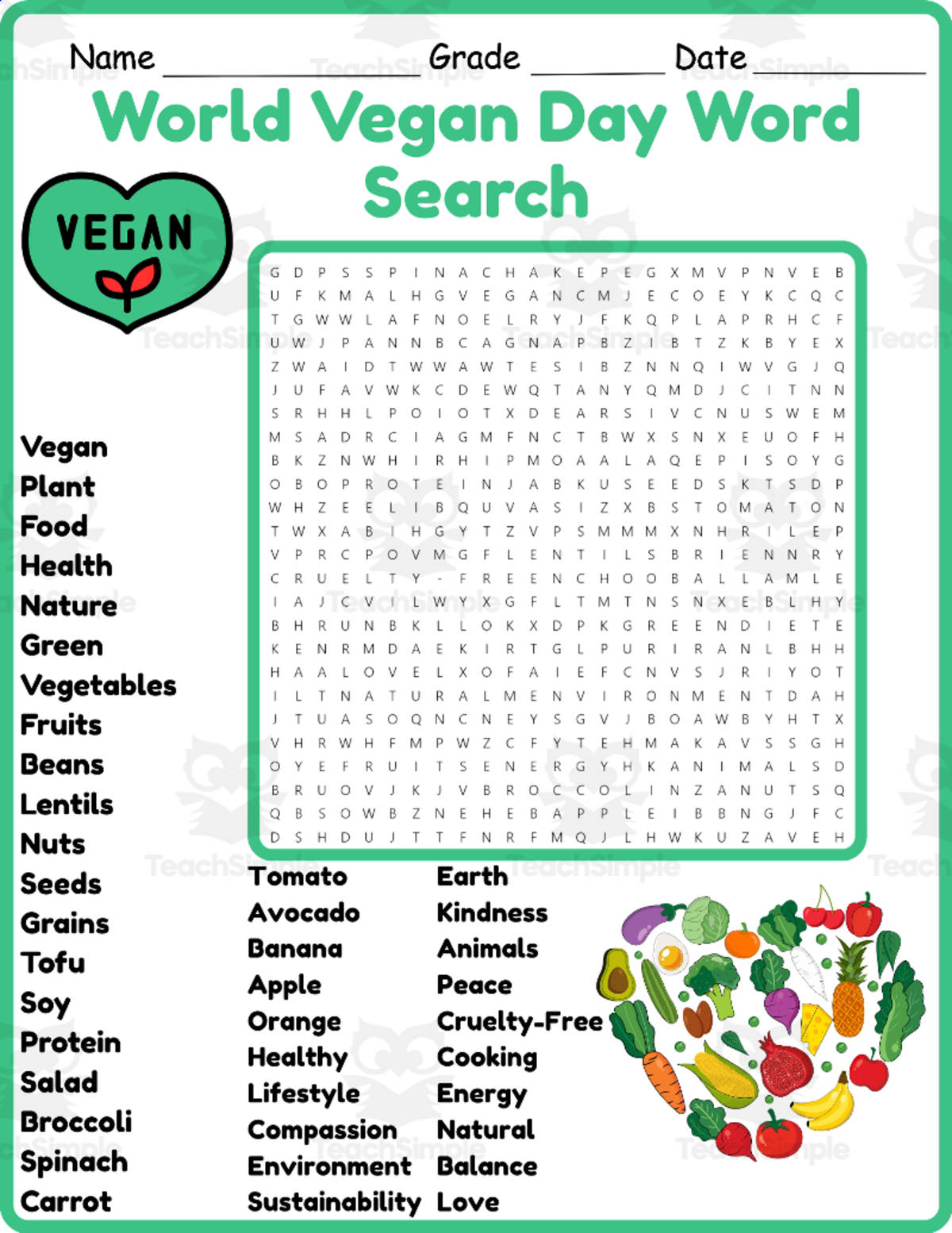 An educational teaching resource from Classsimple entitled World Vegan Day Word Search 2nd 3rd 4th 5th Grade worksheet activity downloadable at Teach Simple.
