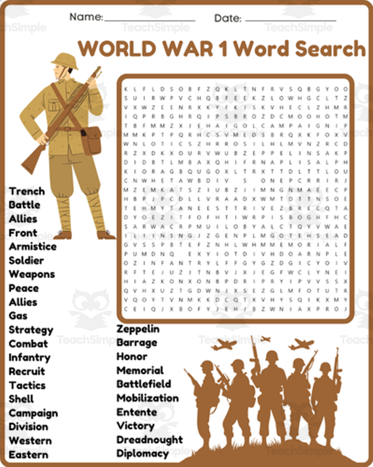 An educational teaching resource from space shope entitled WORLD WAR 1 Word Search Puzzle Worksheet Activity - 5th, 6th, 7th, 8th downloadable at Teach Simple.
