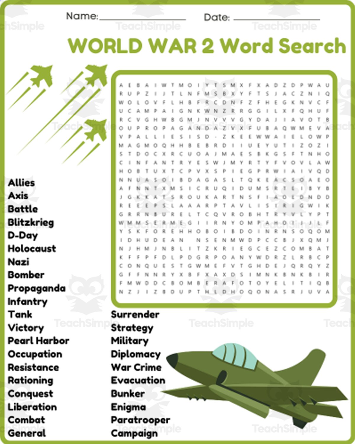 An educational teaching resource from space shope entitled WORLD WAR 2 Word Search Puzzle Worksheet Activity - World History downloadable at Teach Simple.