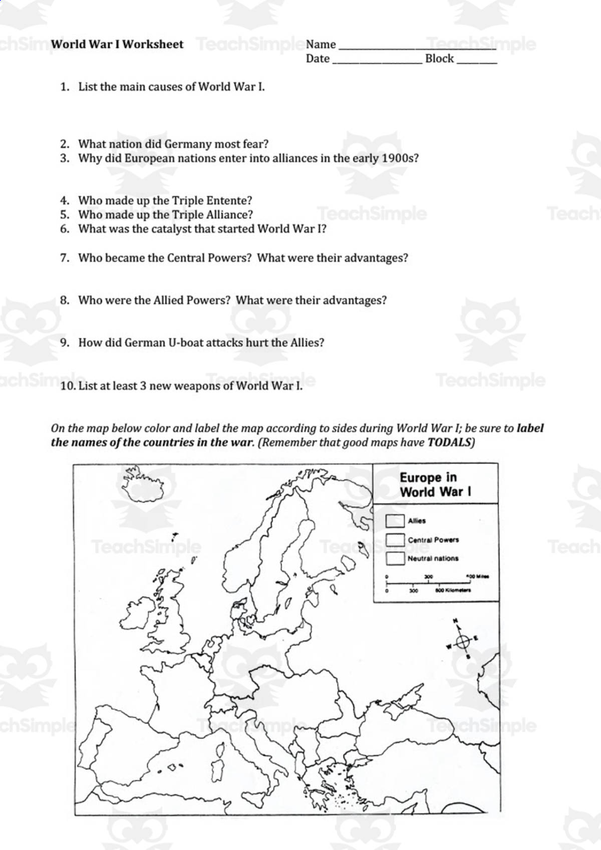 An educational teaching resource from History with DeLong entitled World War I Worksheet downloadable at Teach Simple.