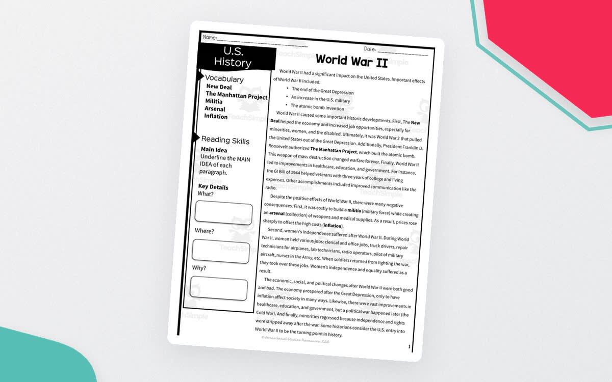 An educational teaching resource from Sarah Miller Tech entitled World War II Reading Packet – Passage & Worksheets downloadable at Teach Simple.