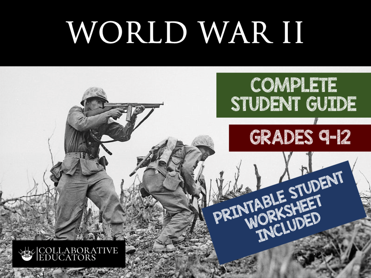 An educational teaching resource from Bright Classroom Ideas Marketplace entitled World War II - Student Guide for Grades 9-12 downloadable at Teach Simple.