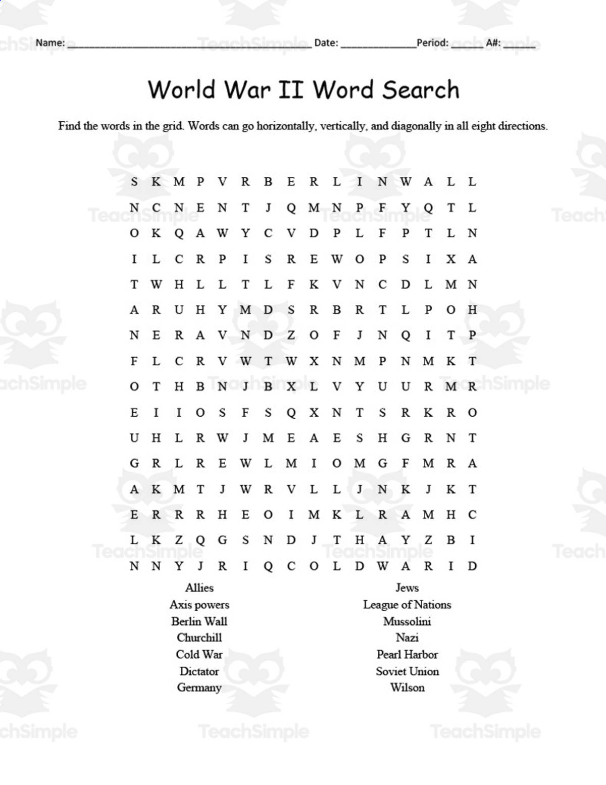 An educational teaching resource from DrDrew entitled World War II Word Search & Definitions Packet downloadable at Teach Simple.