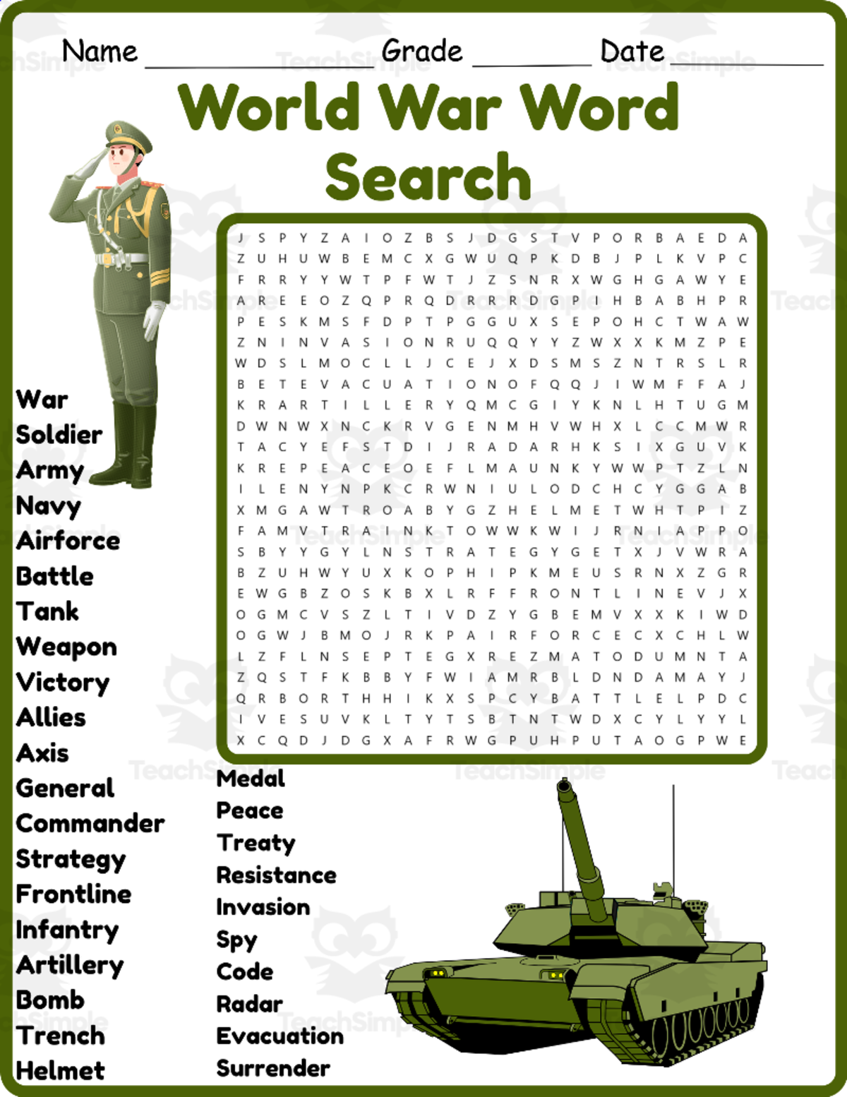An educational teaching resource from Classsimple entitled World War Word Search 2nd 3rd 4th 5th Grade Worksheet Activity downloadable at Teach Simple.