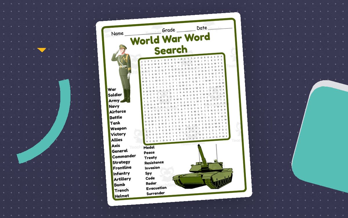 An educational teaching resource from Classsim entitled World War Word Search 2nd 3rd 4th 5th Grade Worksheet Activity downloadable at Teach Simple.