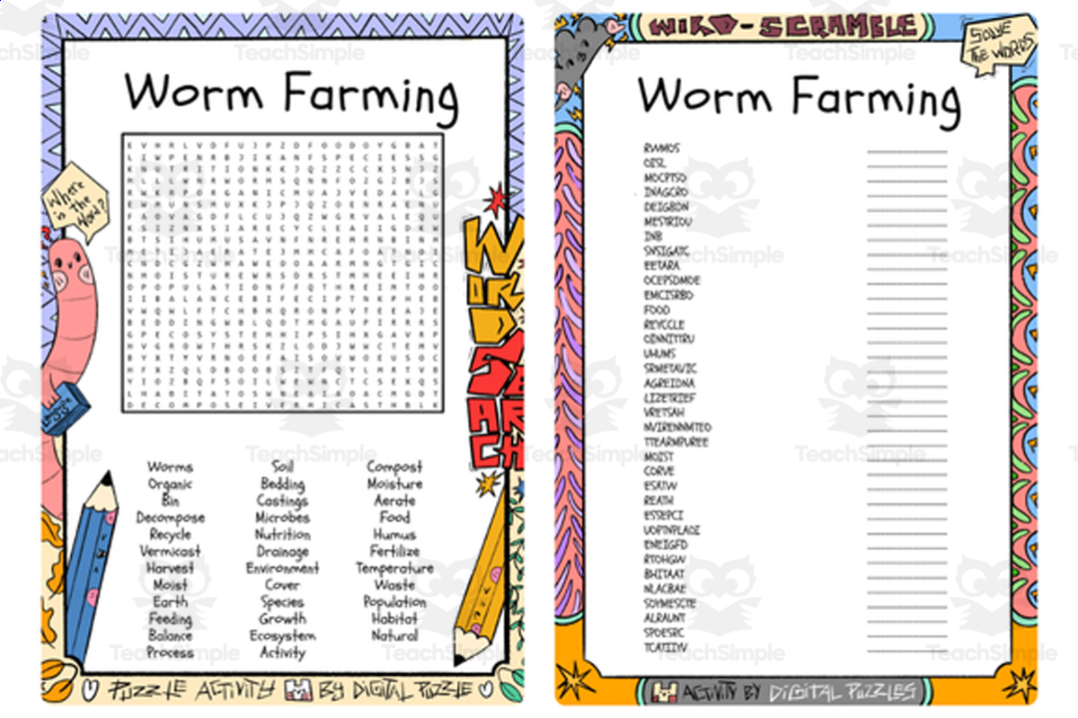 An educational teaching resource from Lapiiin Art Activities entitled Worm Farming word search & scramble downloadable at Teach Simple.
