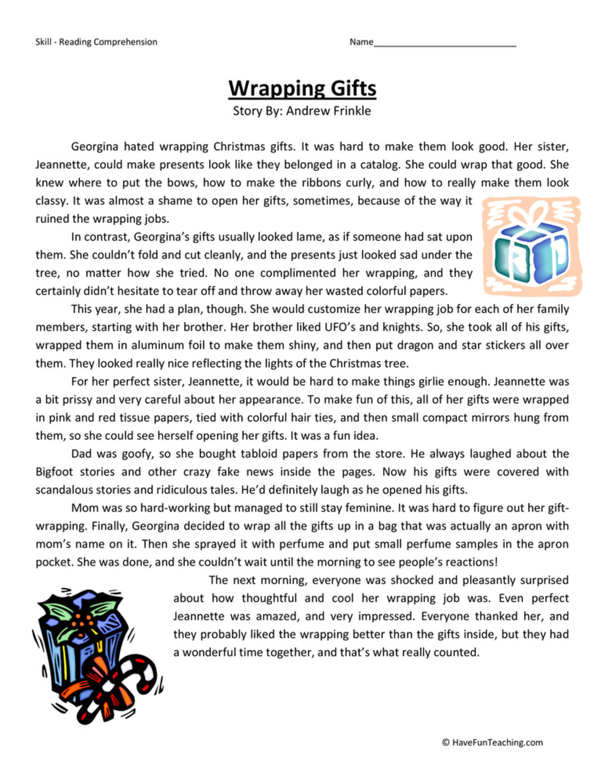 An educational teaching resource from Have Fun Teaching entitled Wrapping Presents Reading Comprehension Worksheet downloadable at Teach Simple.