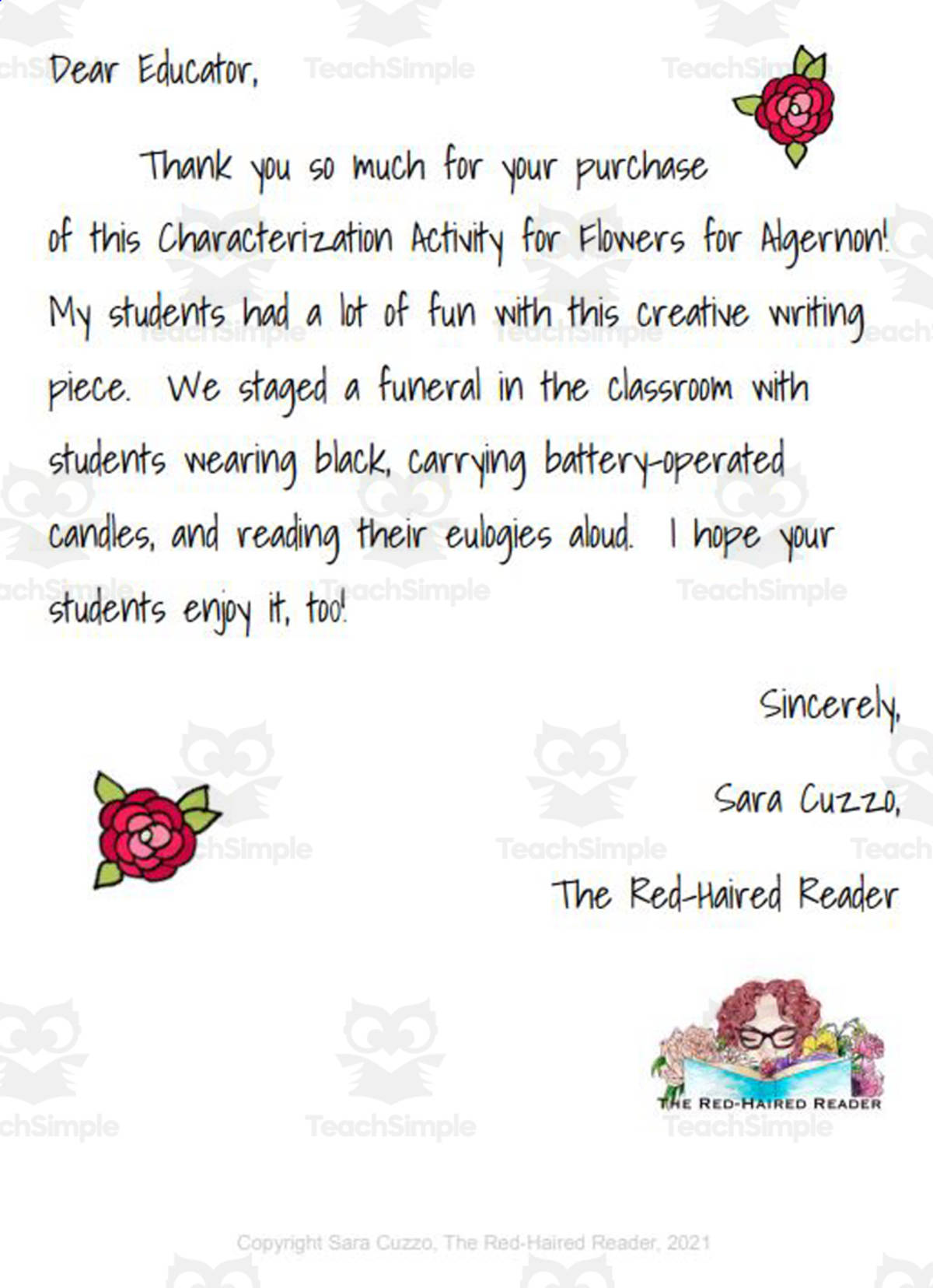 An educational teaching resource from The Red-Haired Reader entitled Write Algernon's Eulogy as Charlie Gordon: Creative writing Flowers for Algernon downloadable at Teach Simple.