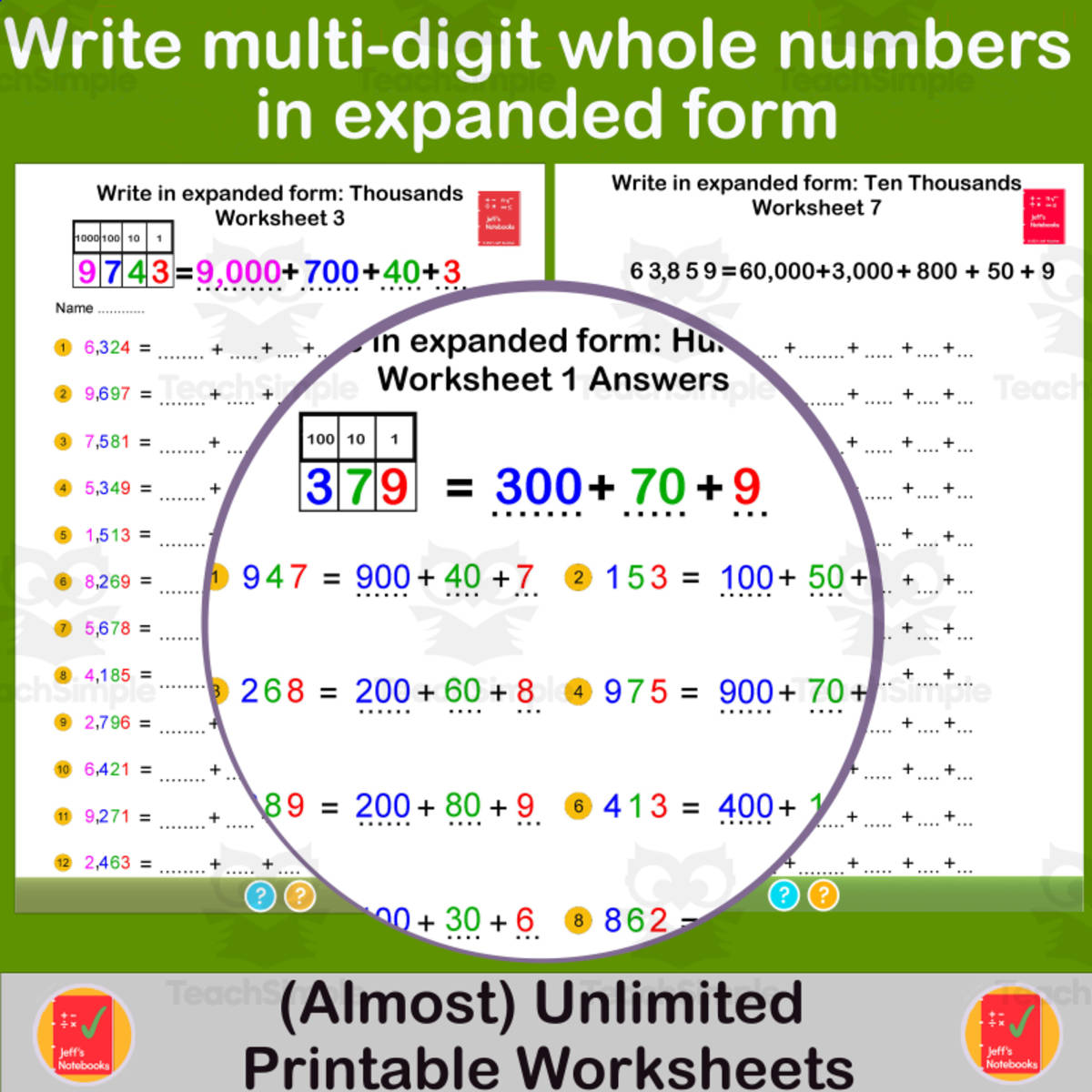 An educational teaching resource from Jeff's Notebooks entitled Write multi-digit whole numbers in expanded form downloadable at Teach Simple.