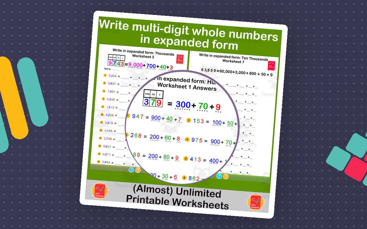 An educational teaching resource from Jeff's Notebooks entitled Write multi-digit whole numbers in expanded form downloadable at Teach Simple.