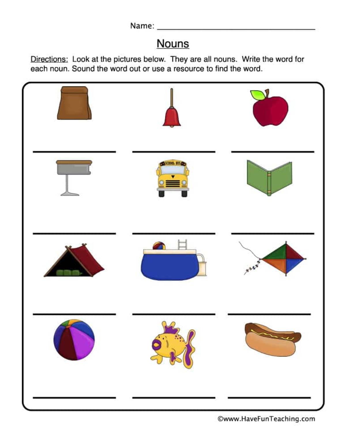 An educational teaching resource from Have Fun Teaching entitled Write the Noun Worksheet downloadable at Teach Simple.