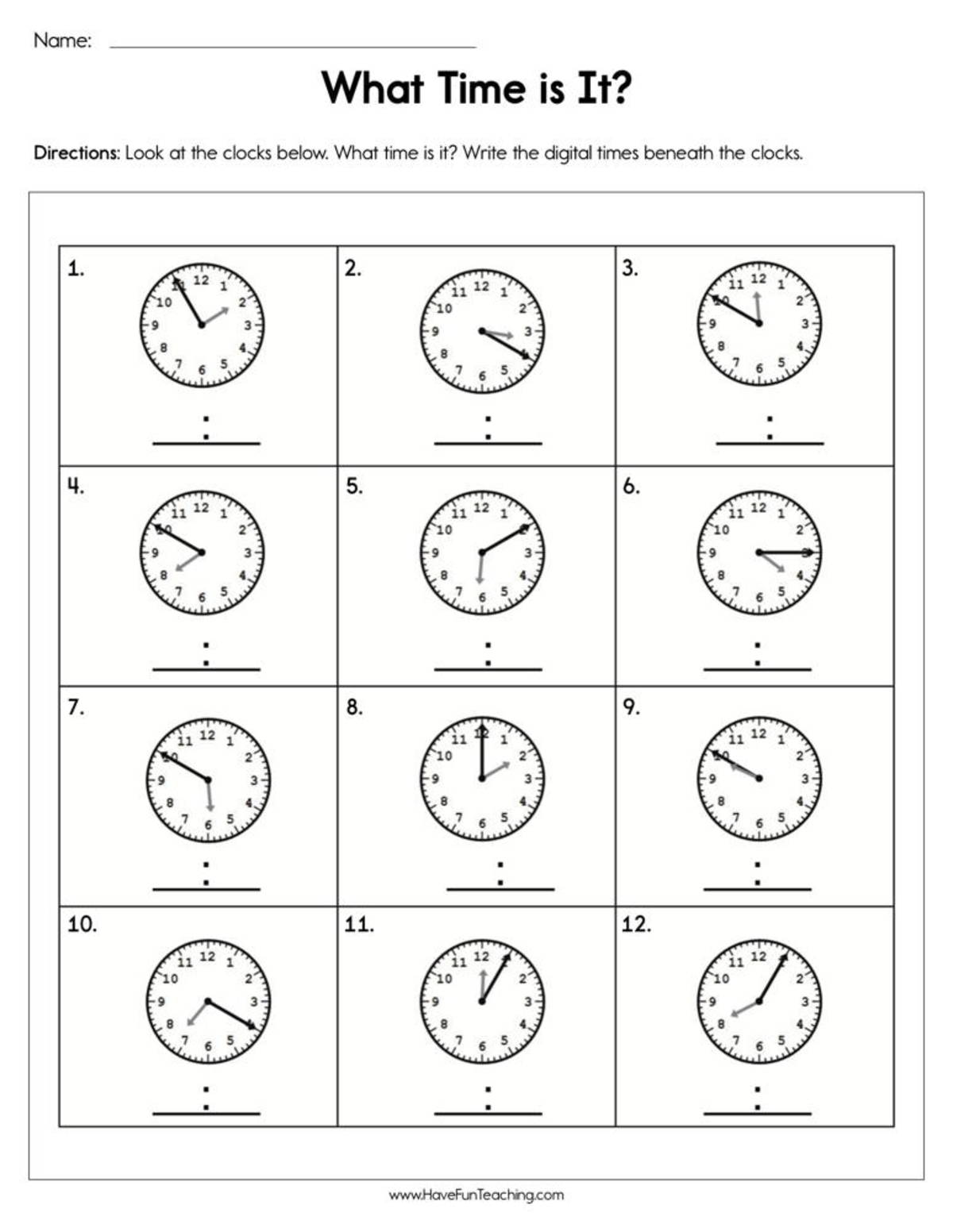 An educational teaching resource from Have Fun Teaching entitled Write the Time Worksheet downloadable at Teach Simple.