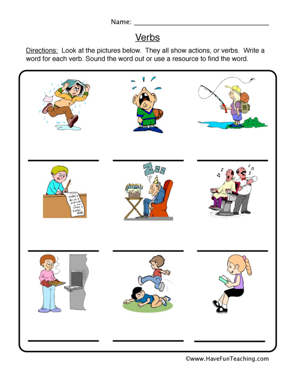 An educational teaching resource from Have Fun Teaching entitled Write the Verb Verb Worksheet downloadable at Teach Simple.