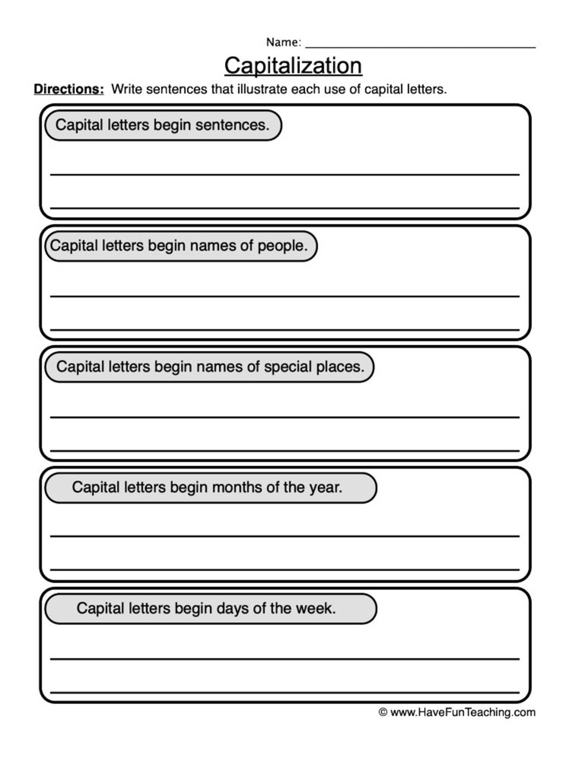 An educational teaching resource from Have Fun Teaching entitled Write Your Own Capitalization Examples Worksheet downloadable at Teach Simple.