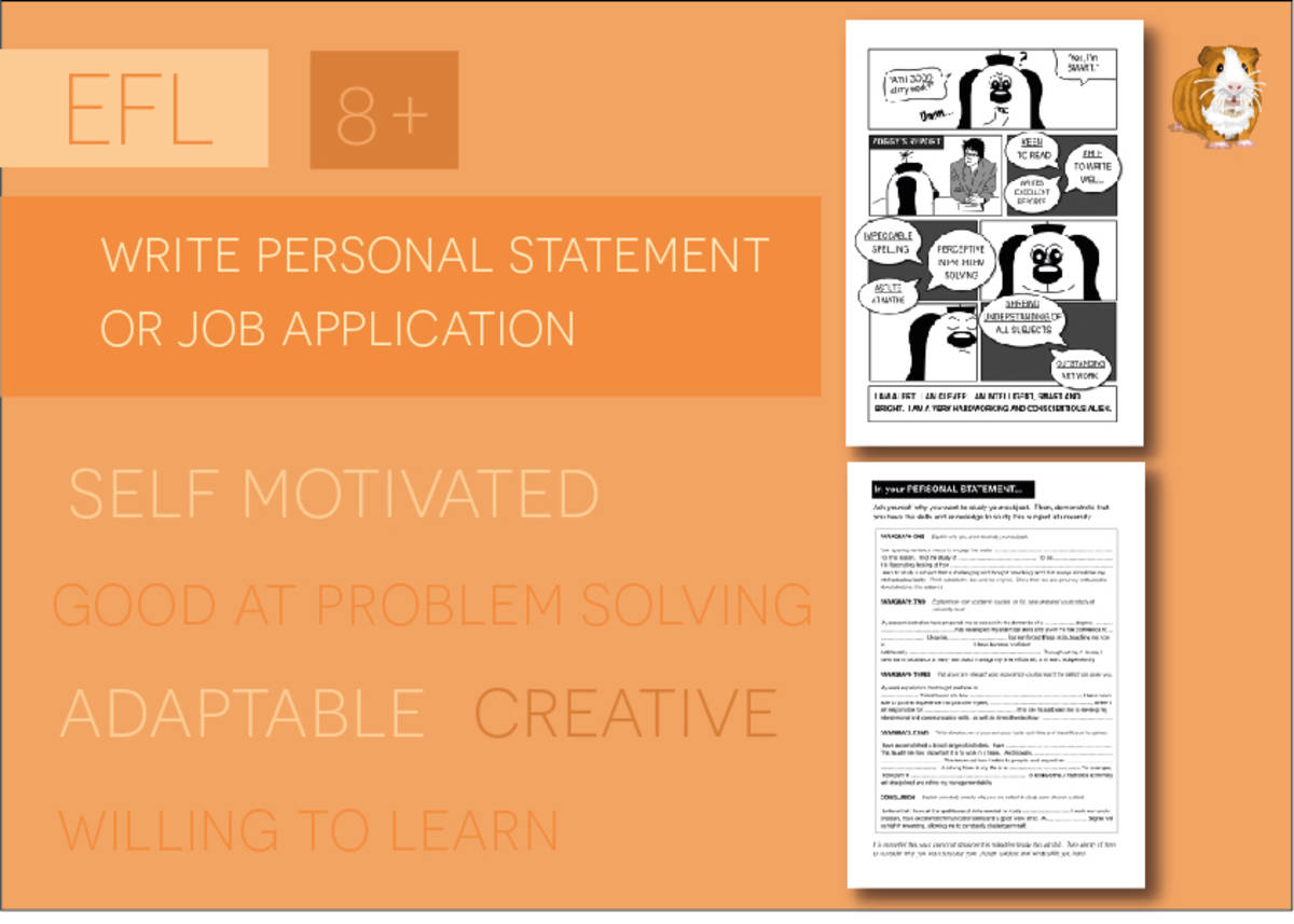 An educational teaching resource from Guinea Pig Education entitled Writing A Personal Statement Or Job Application (EFL Work Pack) 8+ downloadable at Teach Simple.