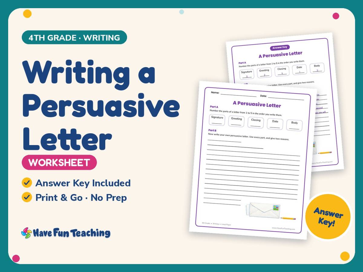 Writing a Persuasive Letter Worksheet – 4th Grade Lined Paper Practice preview