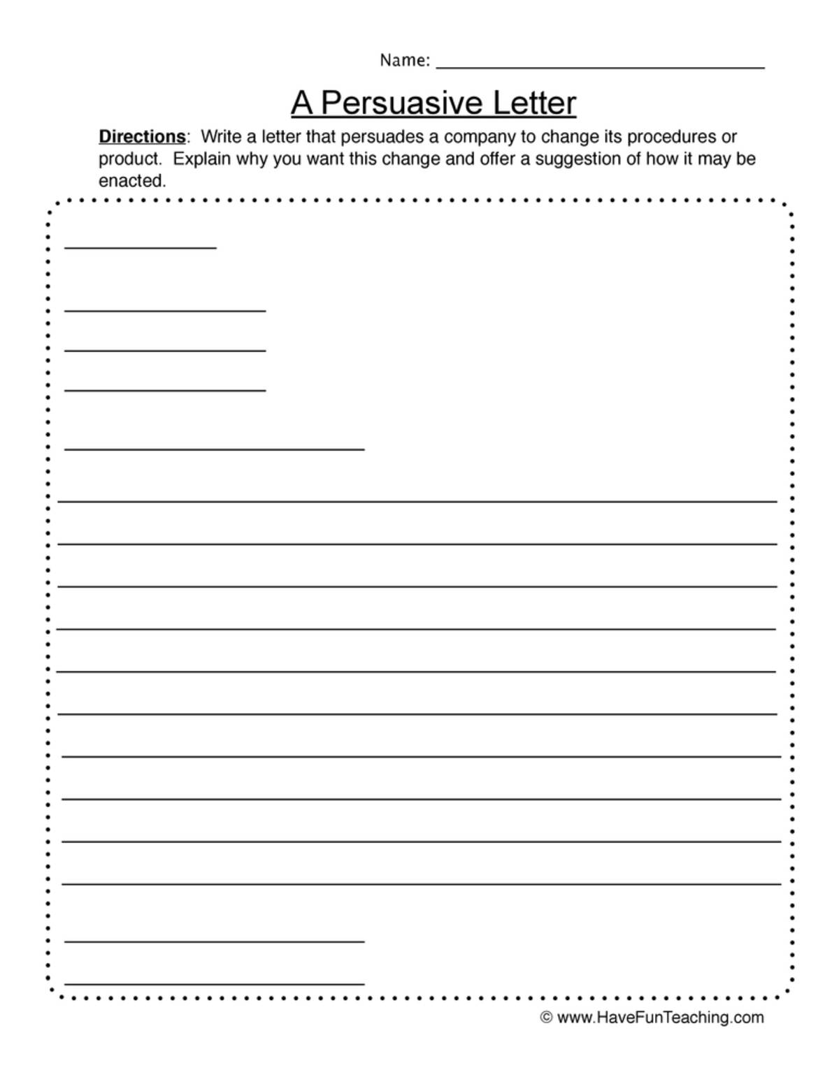 An educational teaching resource from Have Fun Teaching entitled Writing a Persuasive Letter Worksheet downloadable at Teach Simple.