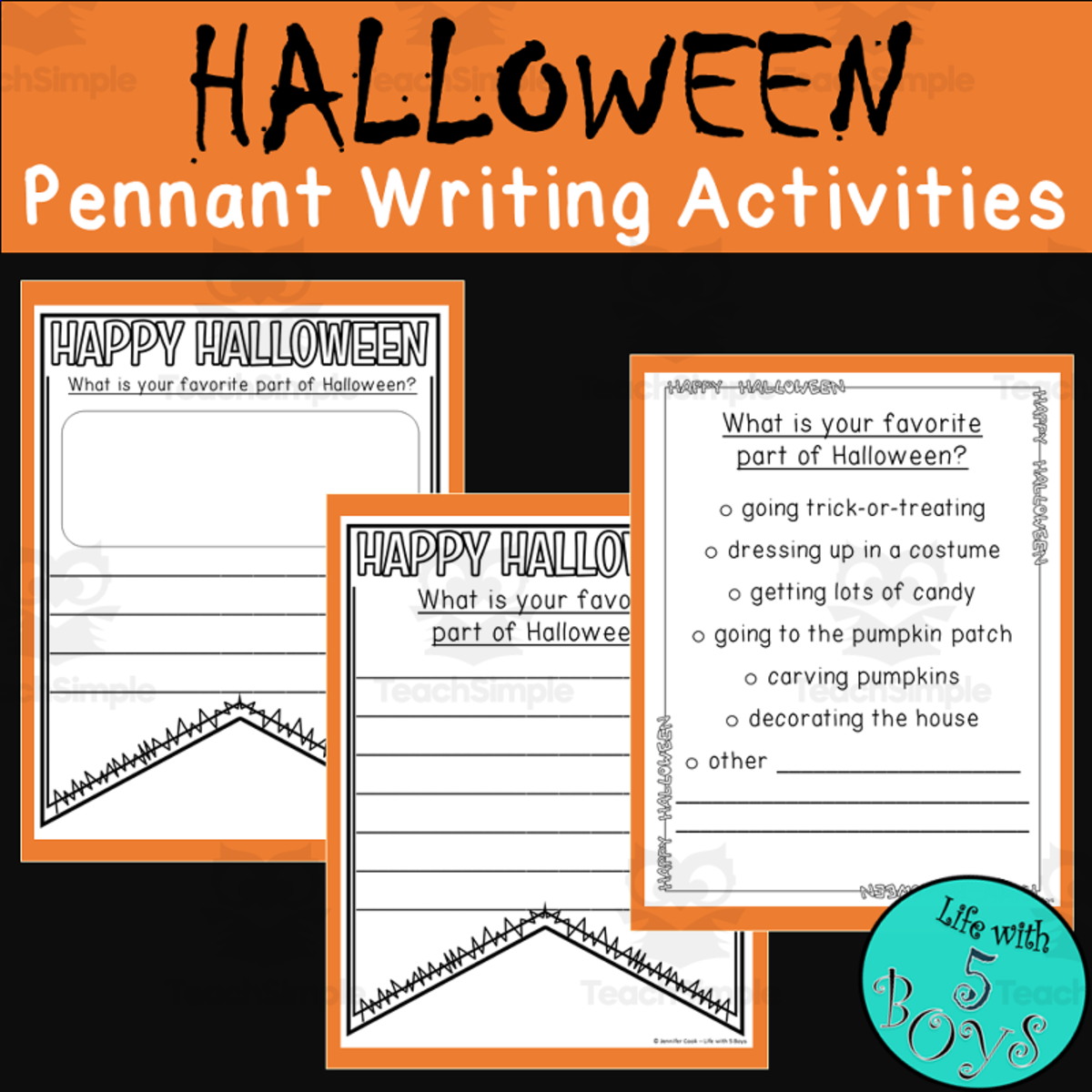 An educational teaching resource from Life with 5 Boys entitled Writing Activity: Halloween Pennant downloadable at Teach Simple.