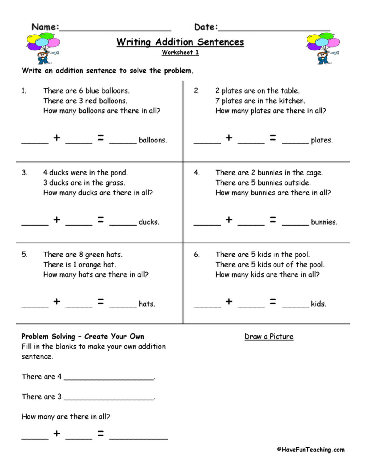An educational teaching resource from Have Fun Teaching entitled Writing Addition Sentences Worksheet downloadable at Teach Simple.