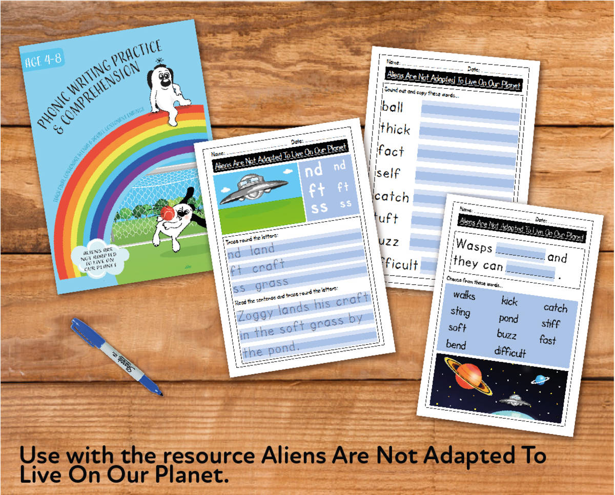 An educational teaching resource from Guinea Pig Education entitled Writing And Comprehension Practice: Aliens Are Not Adapted To Earth (4-8 years) downloadable at Teach Simple.