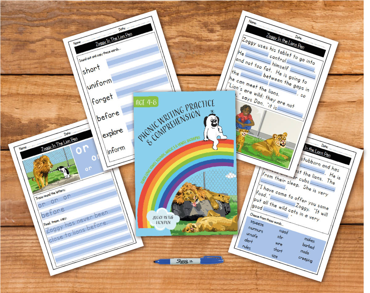 An educational teaching resource from Guinea Pig Education entitled Writing And Comprehension Practice: Zoggy In The Lion Pen (4-8 years) downloadable at Teach Simple.
