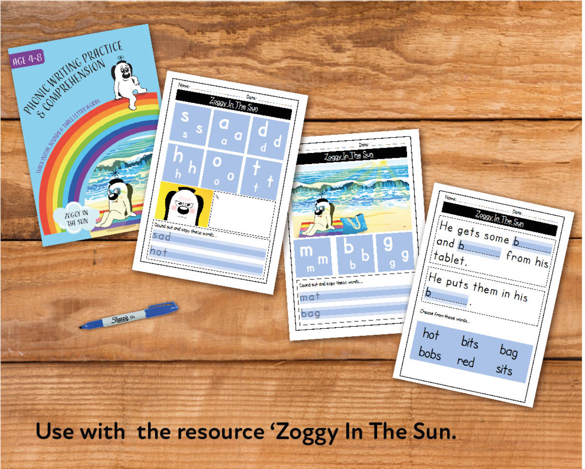 An educational teaching resource from Guinea Pig Education entitled Writing And Comprehension Practice: Zoggy In The Sun (4-8 years) downloadable at Teach Simple.