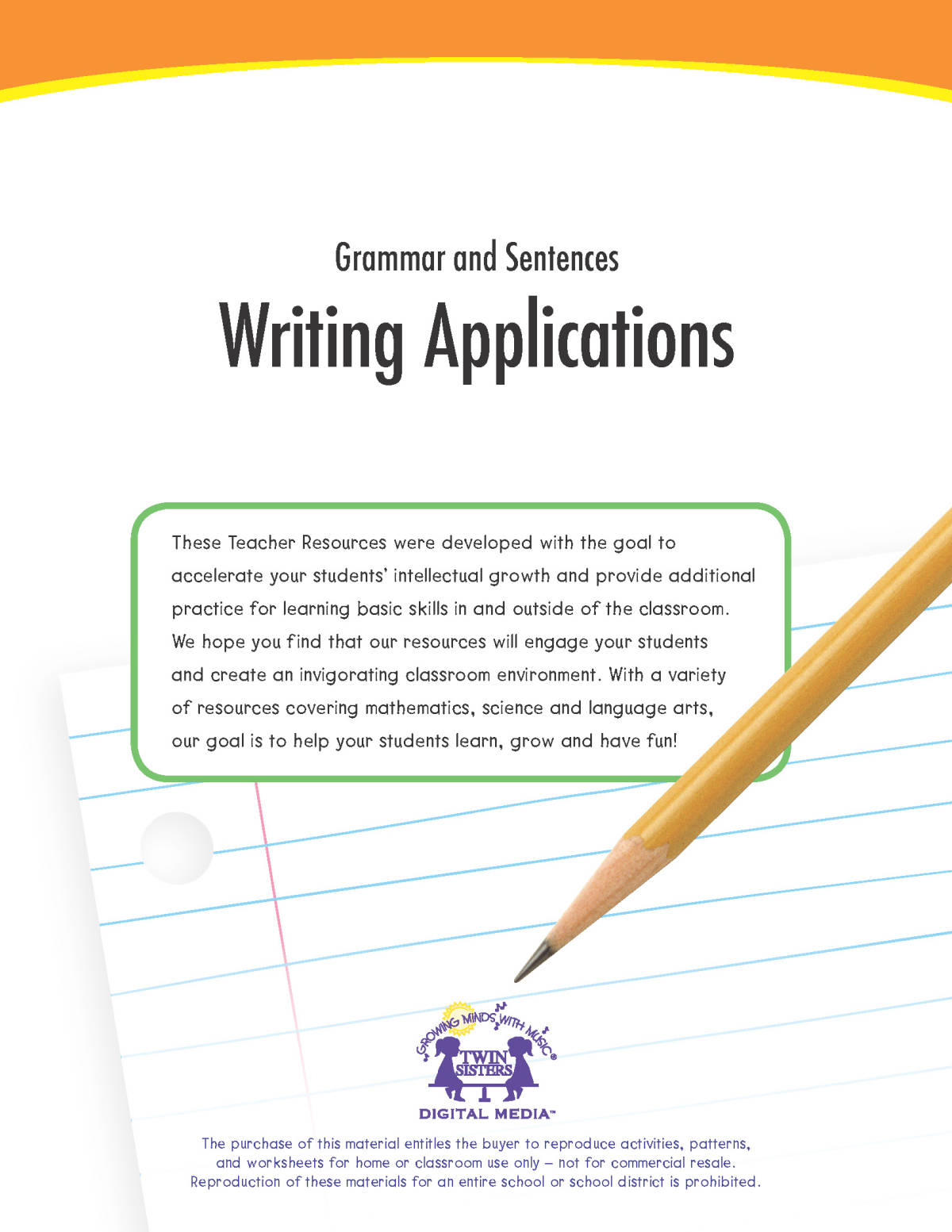 An educational teaching resource from Twin Sisters Digital Media entitled Writing Applications Printable Workbook downloadable at Teach Simple.