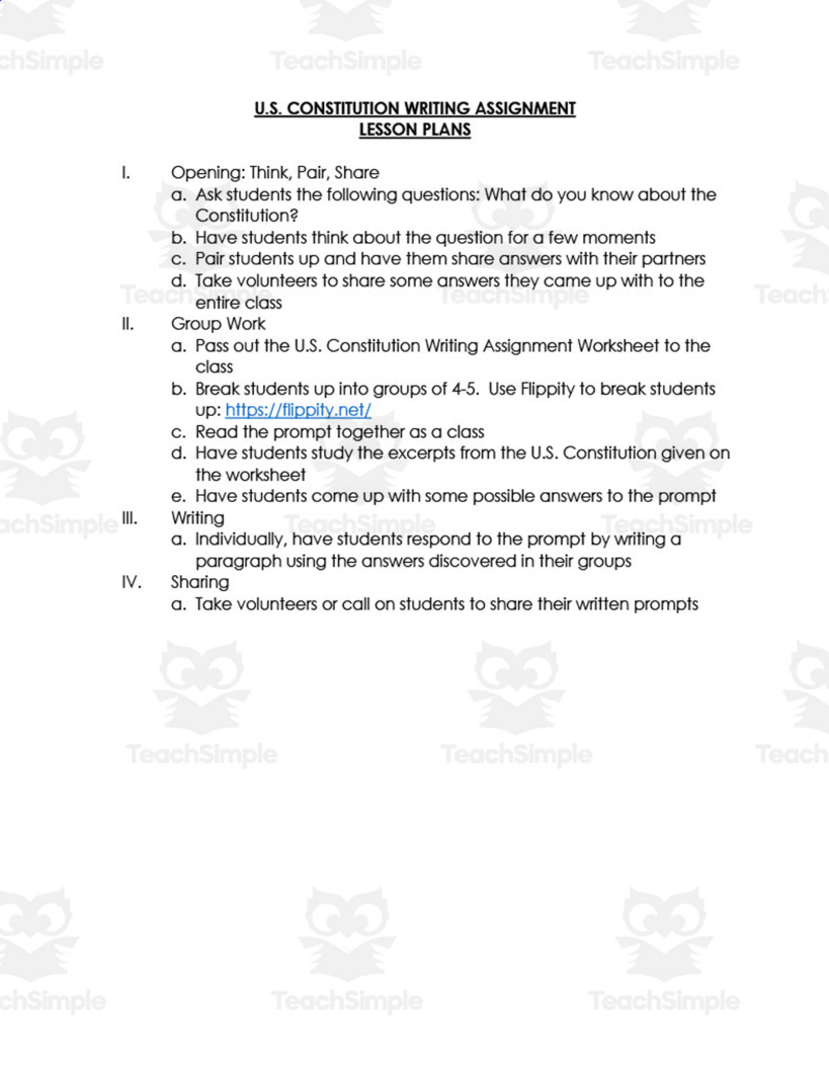 An educational teaching resource from Jason Stein entitled Writing Assignment: U.S. Constitution downloadable at Teach Simple.