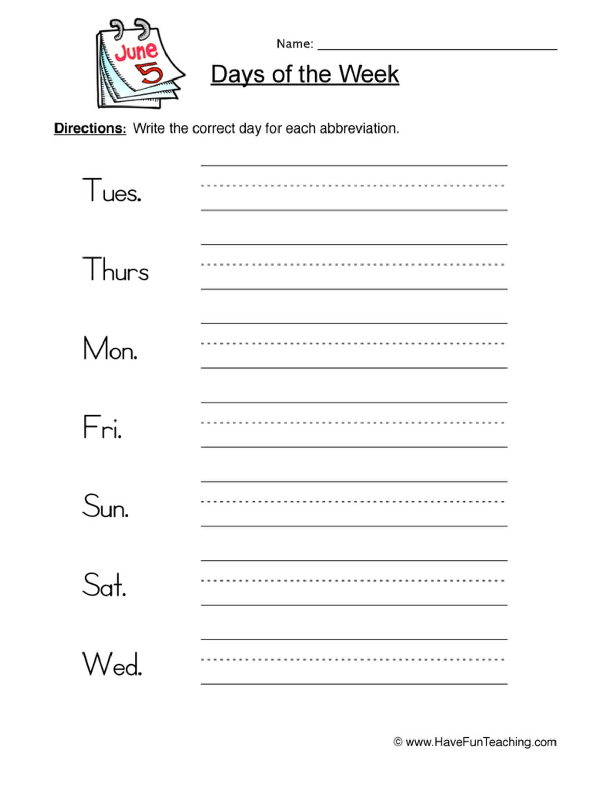 An educational teaching resource from Have Fun Teaching entitled Writing Days of the Week Abbreviations Worksheet downloadable at Teach Simple.