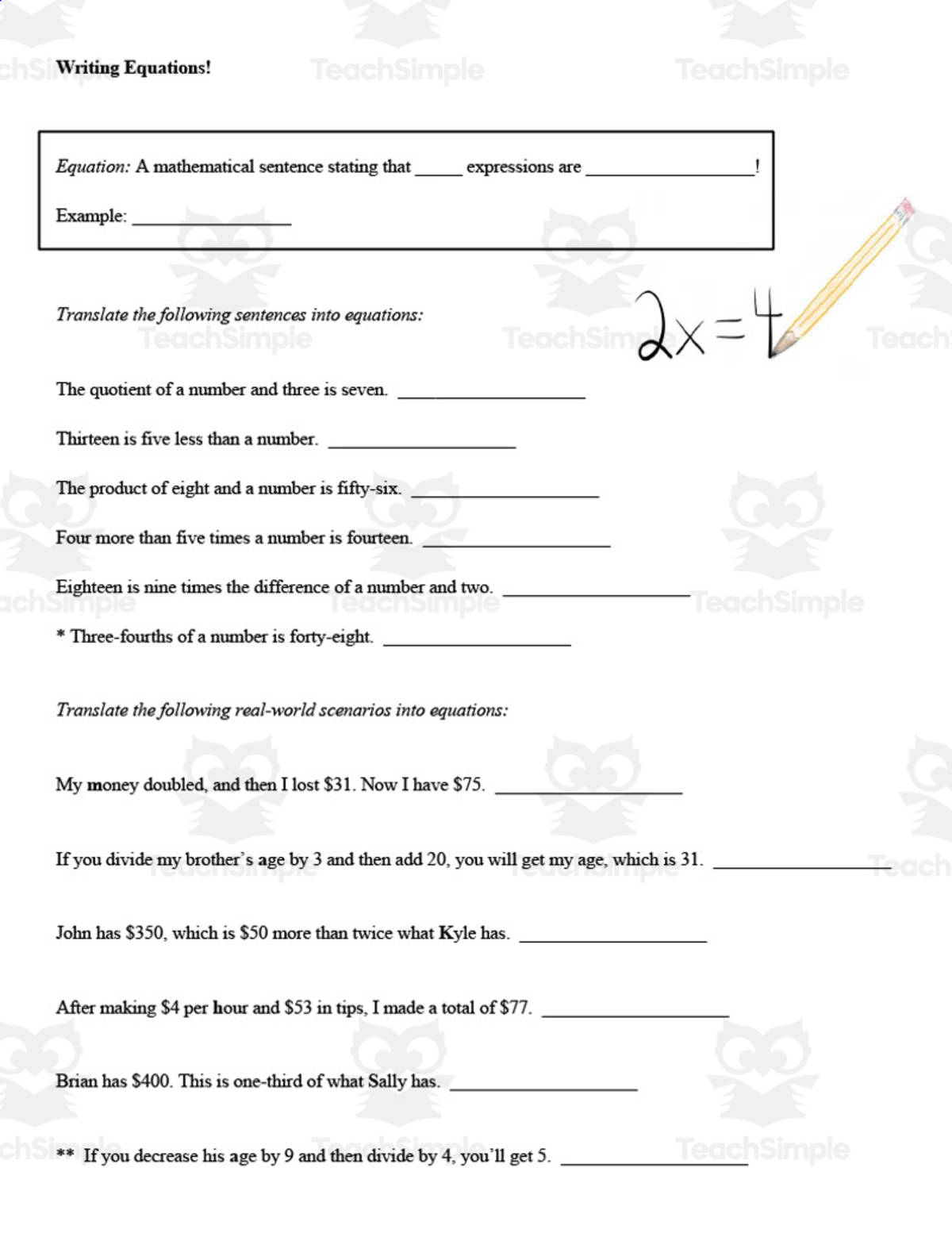 An educational teaching resource from Eddie McCarthy entitled Writing Equations Guided Notes + Homework Set downloadable at Teach Simple.