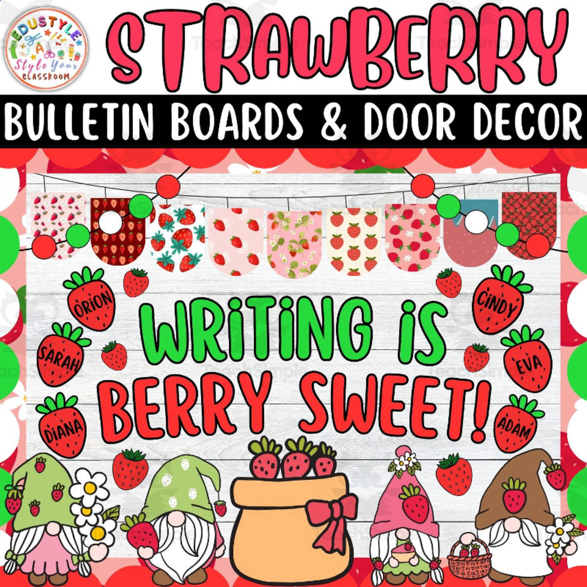 An educational teaching resource from Style Your Classroom entitled Writing Is Berry Sweet!: Summer Bulletin boards And door Decor kit downloadable at Teach Simple.
