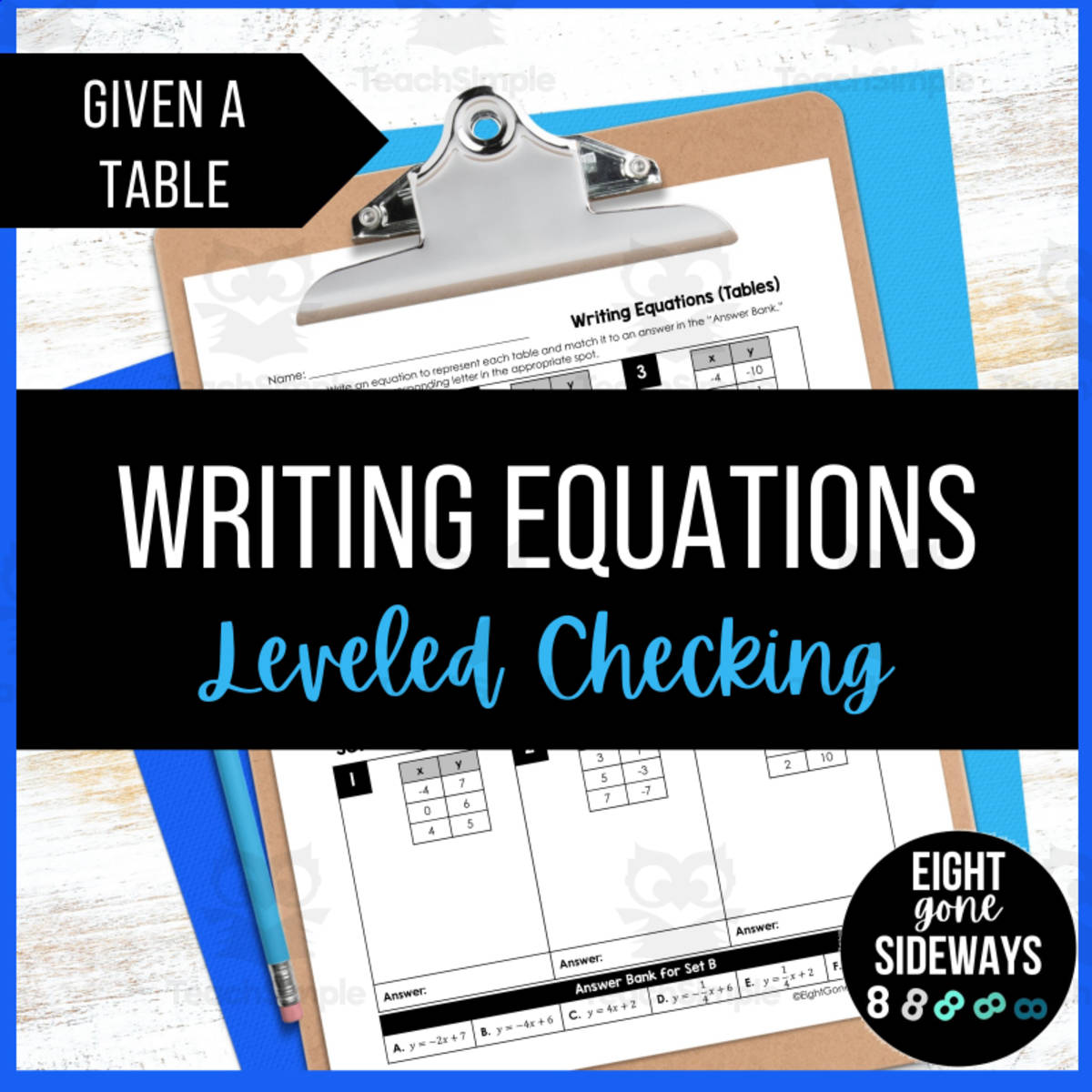 An educational teaching resource from Eight Gone Sideways entitled Writing Linear Equations (from Tables) - Leveled Checking Worksheet downloadable at Teach Simple.