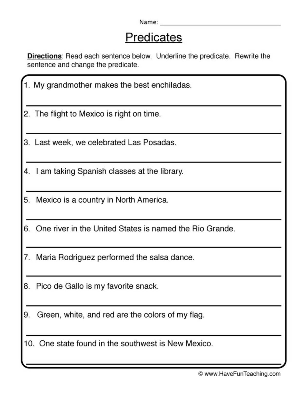 An educational teaching resource from Have Fun Teaching entitled Writing New Predicates Worksheet downloadable at Teach Simple.