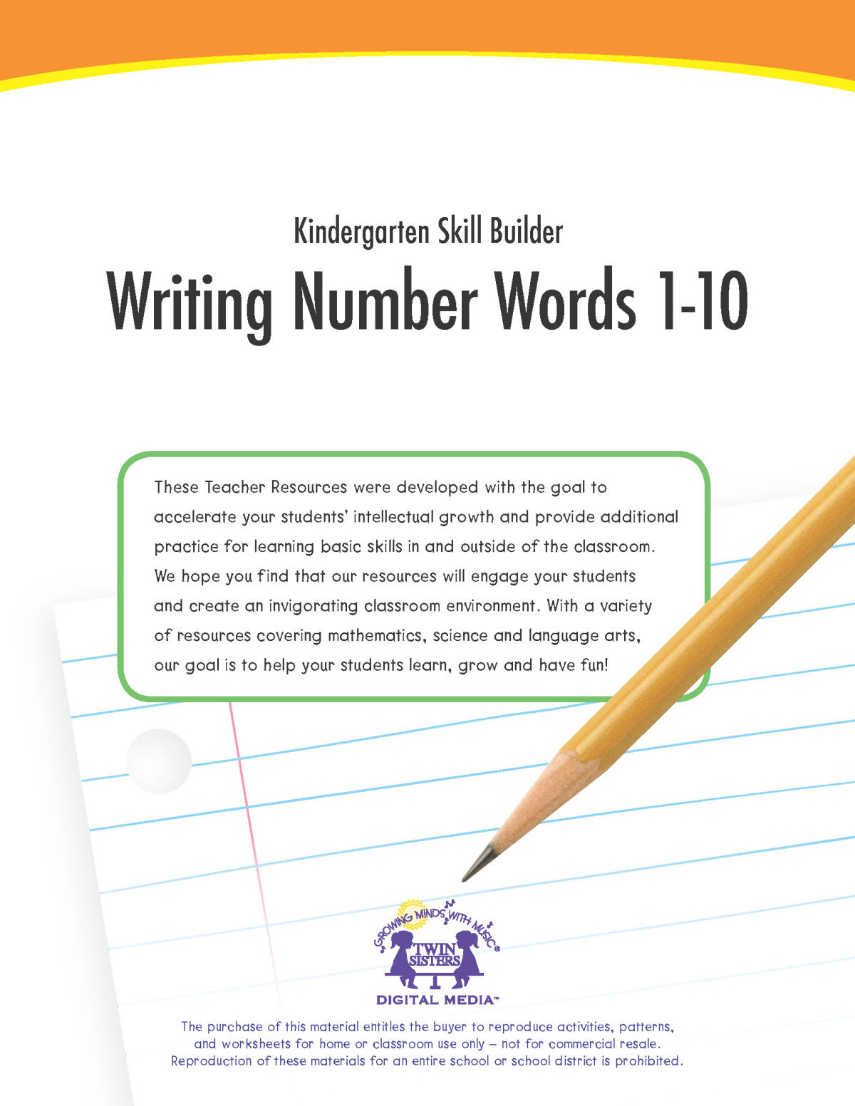 An educational teaching resource from Twin Sisters Digital Media entitled Writing Number Words 1-10 Printable Workbook: Kindergarten Skill Builder downloadable at Teach Simple.