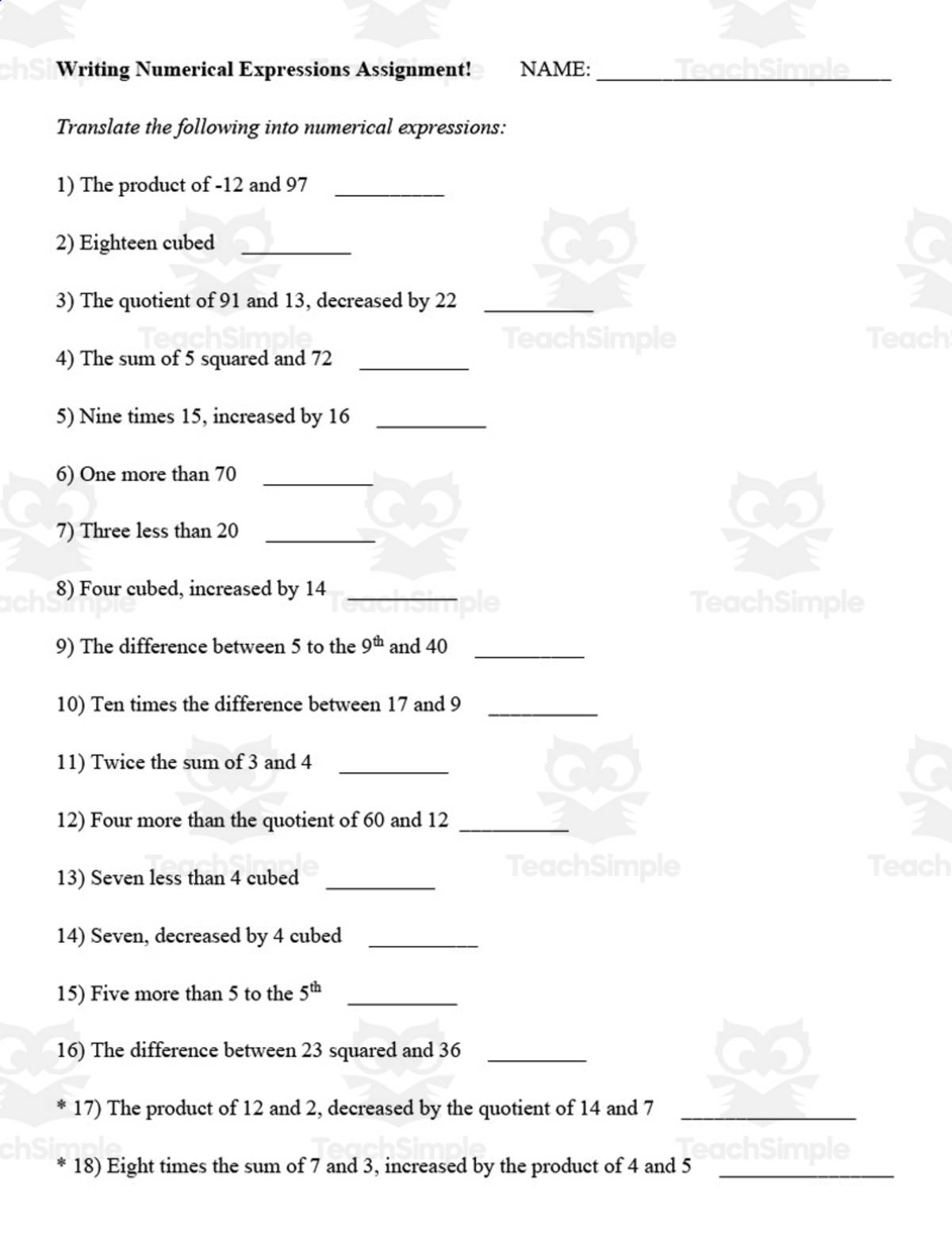 An educational teaching resource from Eddie McCarthy entitled Writing Numerical Expressions Guided Notes + Homework Set downloadable at Teach Simple.