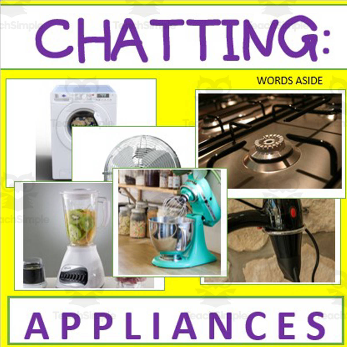 An educational teaching resource from WORDS ASIDE entitled Writing Prompt & Discussion Flashcards: Appliances Devices Pack downloadable at Teach Simple.