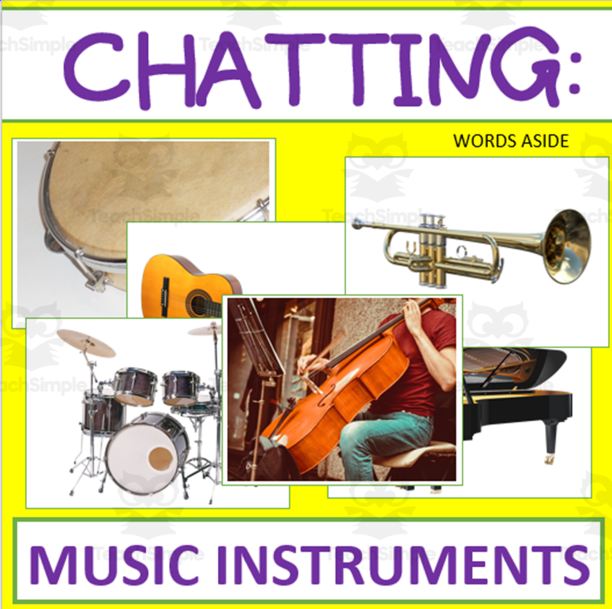An educational teaching resource from WORDS ASIDE entitled Writing Prompt & Discussion Flashcards: Music Instruments Pack downloadable at Teach Simple.