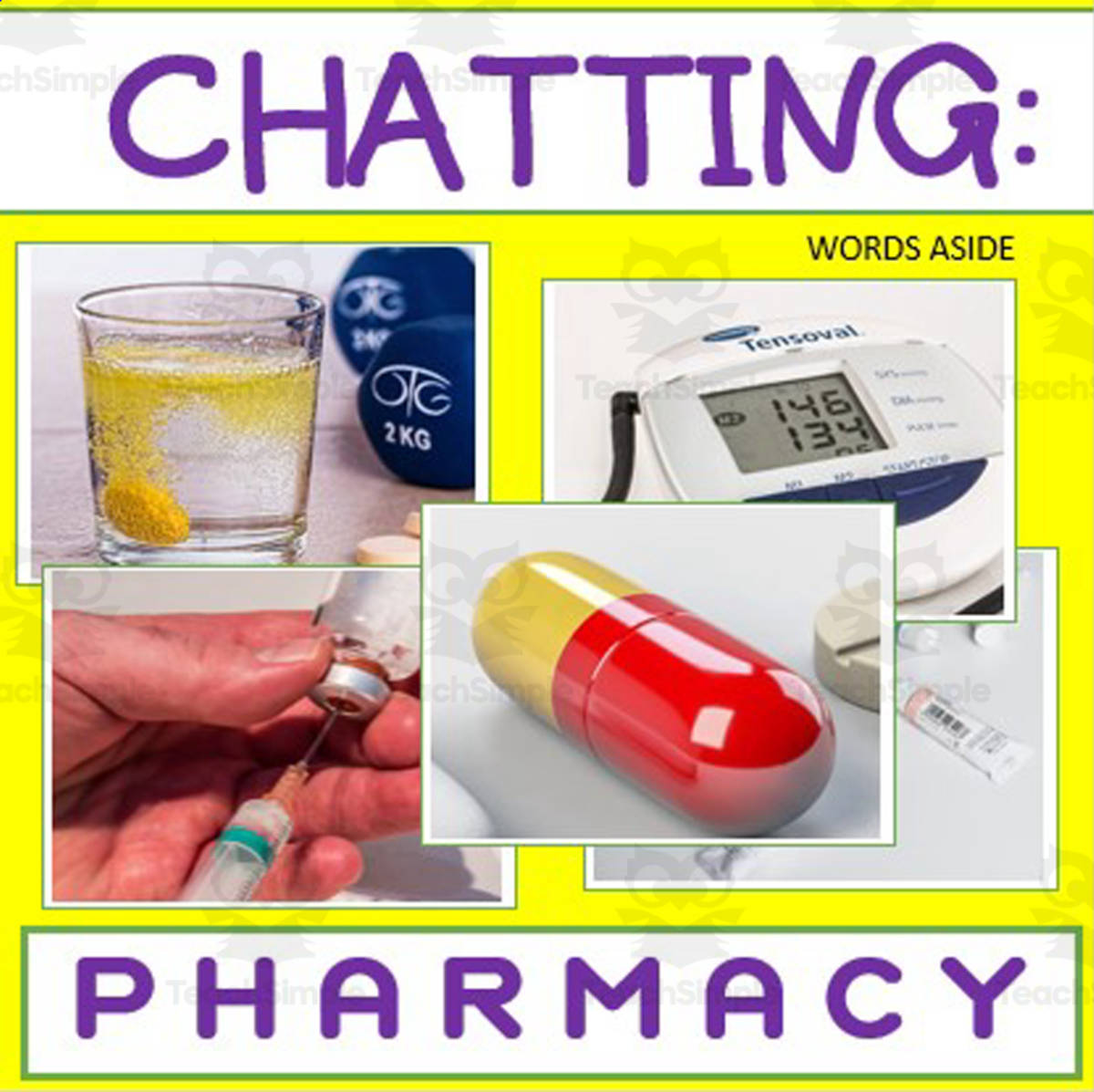 An educational teaching resource from WORDS ASIDE entitled Writing Prompt & Discussion Flashcards: Pharmacy Pack downloadable at Teach Simple.