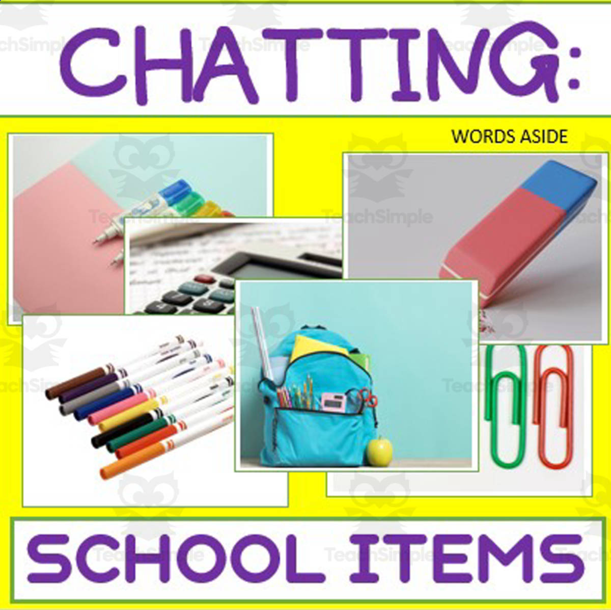 An educational teaching resource from WORDS ASIDE entitled Writing Prompt & Discussion Flashcards: School Items Pack downloadable at Teach Simple.