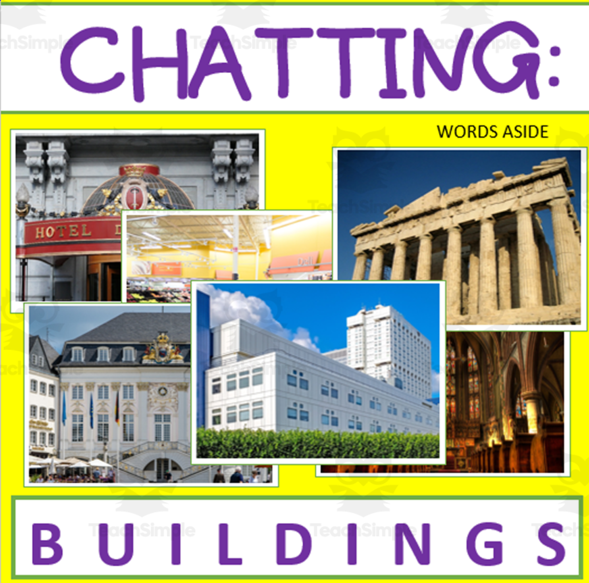 An educational teaching resource from WORDS ASIDE entitled Writing Prompt + Discussion Flashcards: Buildings Pack downloadable at Teach Simple.