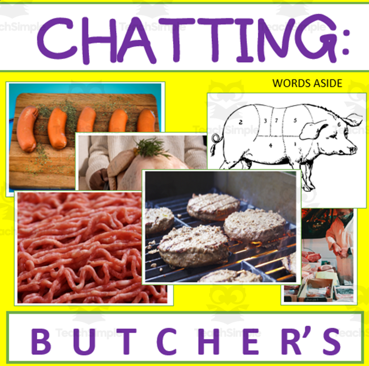An educational teaching resource from WORDS ASIDE entitled Writing Prompt + Discussion Flashcards: Butcher's Pack downloadable at Teach Simple.