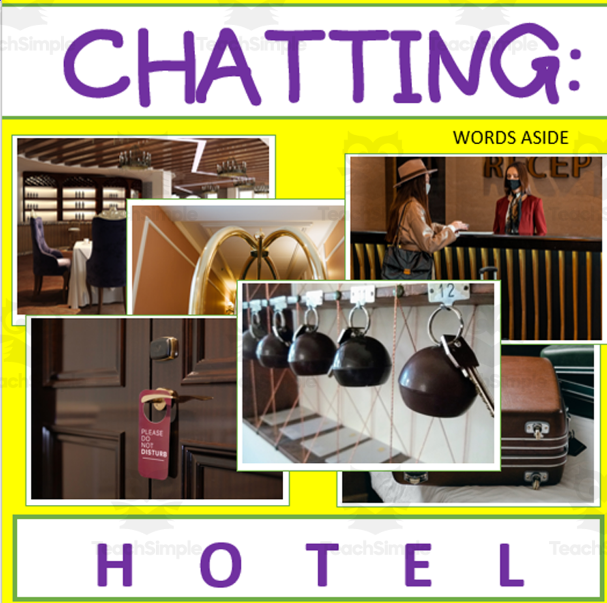 An educational teaching resource from WORDS ASIDE entitled Writing Prompt + Discussion Flashcards: Hotel Pack downloadable at Teach Simple.