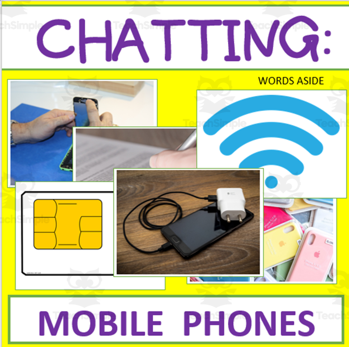 An educational teaching resource from WORDS ASIDE entitled Writing Prompt + Discussion Flashcards: Mobile Phone Pack downloadable at Teach Simple.